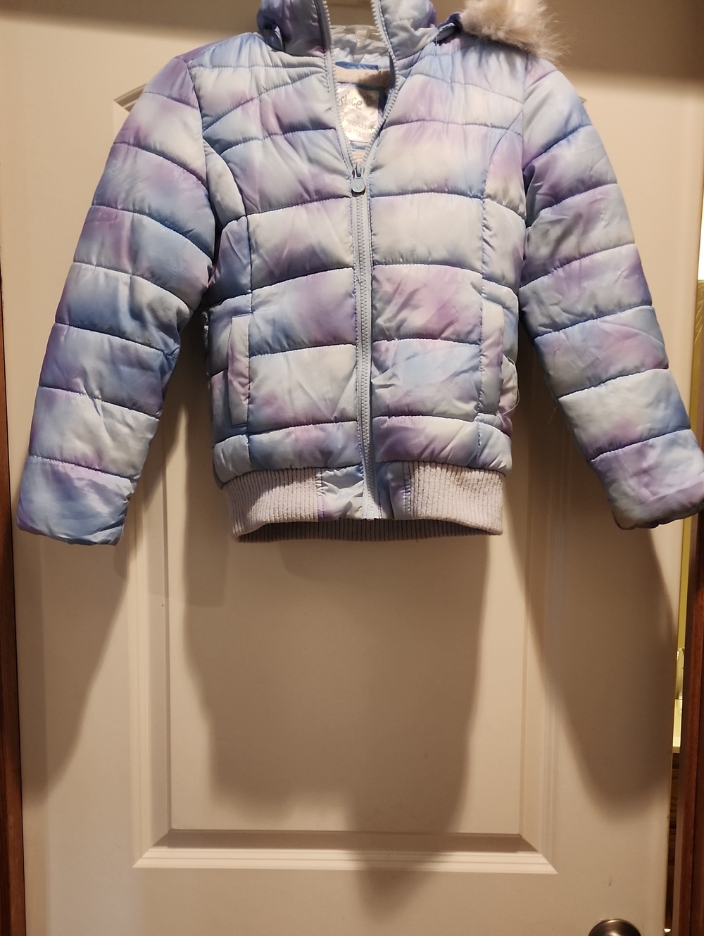Justice Girls Ombre Puffer Bomber Jacket Size 6/7 Fur Hood Blue Purple GUC